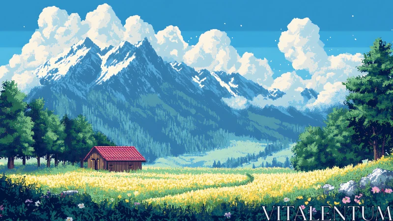 Pixel cabin stands in bright meadow before tall snowy peaks
