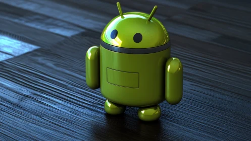 3D metallic android mascot on dark textured plank surface.
