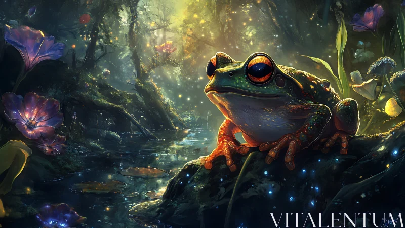 Dreamy forest frog under glowing twilight magic.