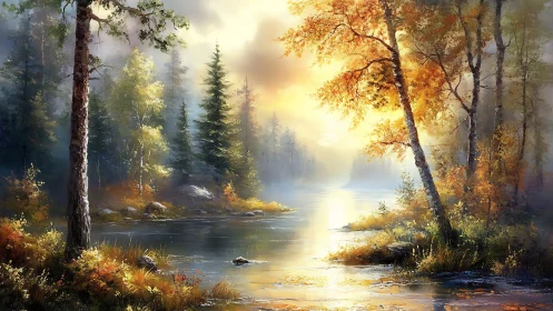 Sunlit autumn river landscape with misty forest glow.