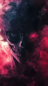 Smoldering skull-faced figure emerges through vivid scarlet haze