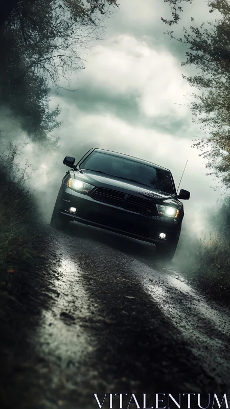 Off-road SUV cuts through mist on rugged forest track.