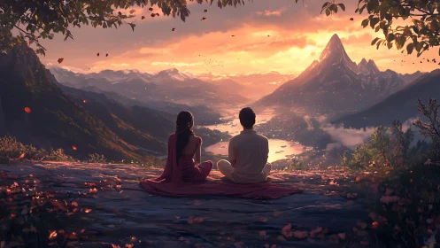 Couple Overlooking Alpine Valley at Sunset