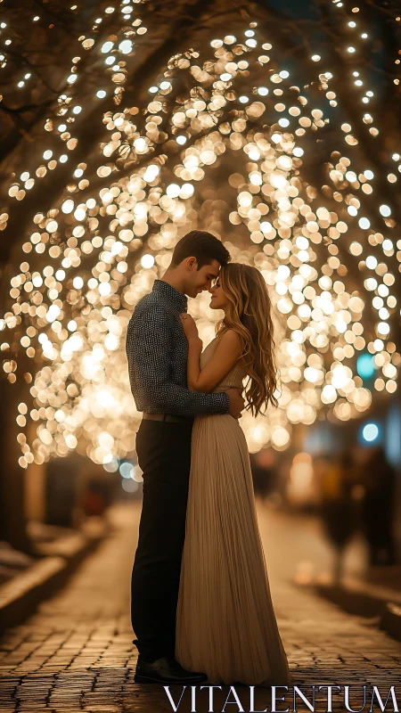 Romance beneath golden bokeh lights at night.