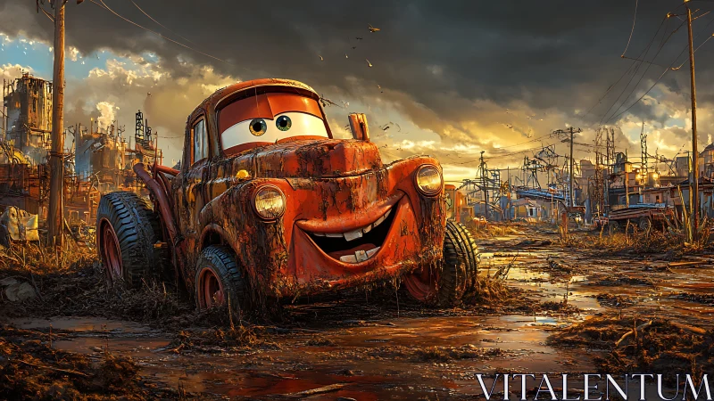Rusty smiling cartoon tow truck in muddy industrial ruins.