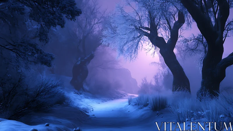 Digital painting of a luminescent winter forest path at dusk.