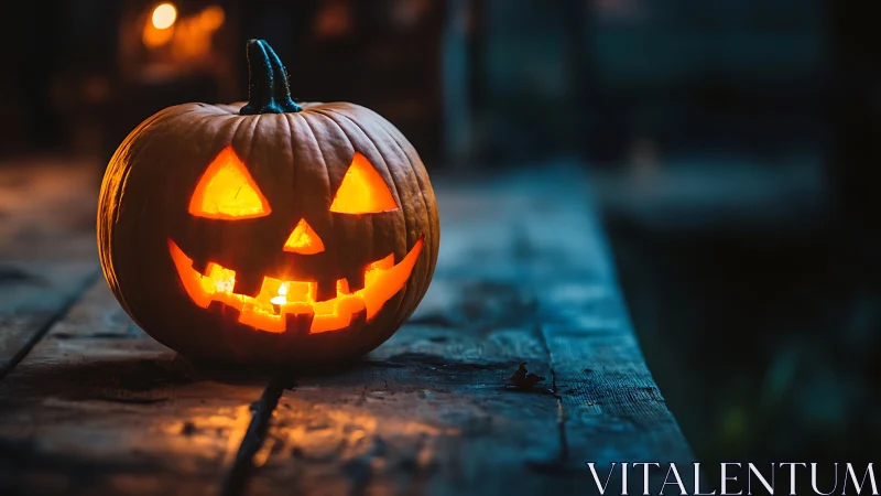 Cinematic jack-o&rsquo;-lantern on rustic timber table at dusk.
