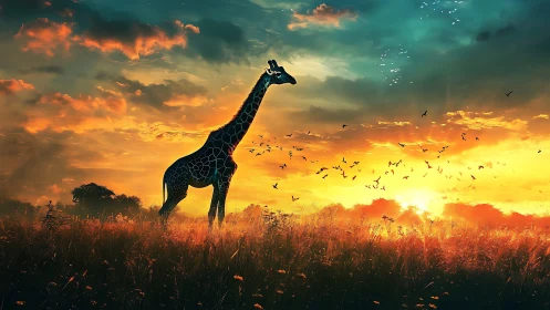 Giraffe silhouette beneath blazing savanna sunset sky.