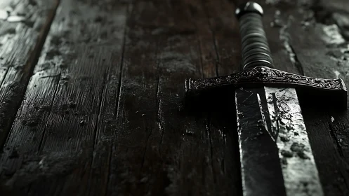 Weathered longsword rests on dark rain-soaked timber table