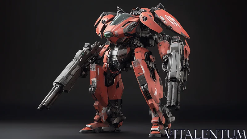 Crimson siege mech poised in brooding hangar hush.