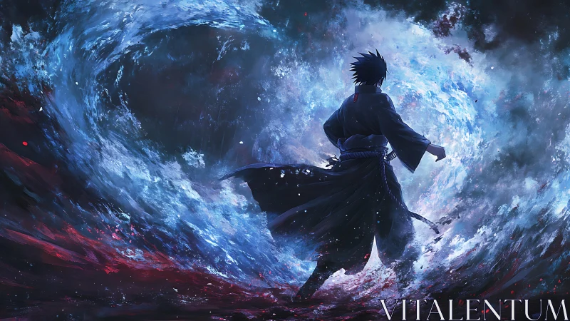 Vortex-bound swordsman within turbulent elemental waveform.