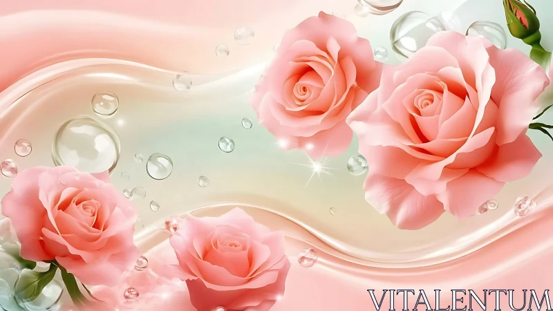 Pink Roses Flowing Through Luminous Gradient With Water Droplets