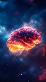 Luminous human brain floats in a cosmic, electric night sky