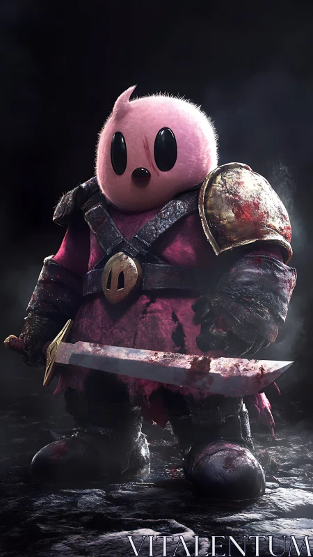 Pink armored creature stands with bloodstained sword ready