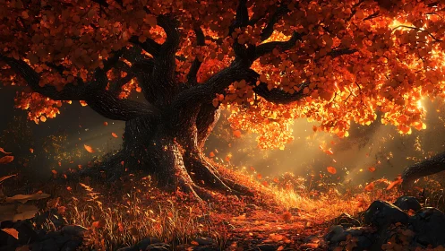 Emberleaf guardian tree glowing in a storm of autumn light.