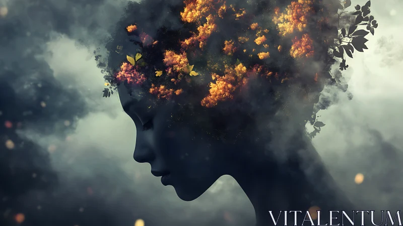 Quiet silhouette dreams while a forest of thoughts blooms