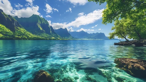 Tropical lagoon panorama with emerald mountains and shallows.