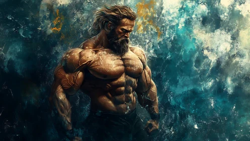 Muscular bearded warrior stands against stormy abstract sky.