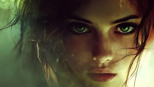 Smoldering emerald gaze in cinematic digital portrait.