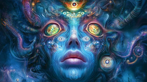Psychedelic cosmic visage with glowing fractal eyes.