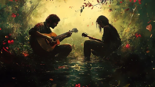 Two guitar players sit in shallow water within dense forest