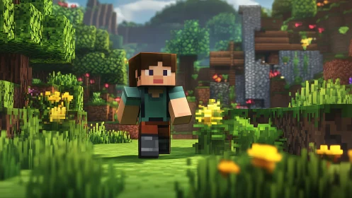 Block-style game character in pixelated forest environment.