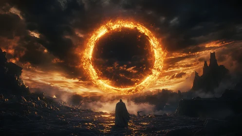 Fiery eclipse ring hangs over lone cloaked wanderer at dusk.