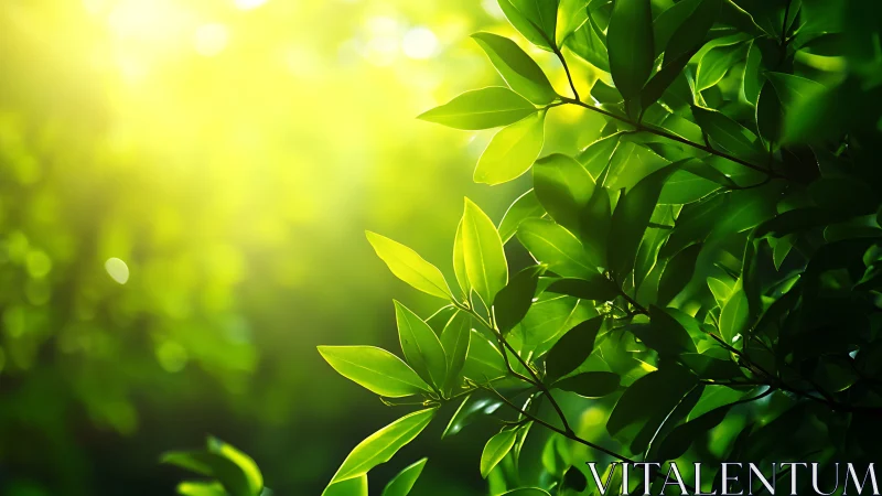 Sunlit green foliage with backlit leaves in soft focus.