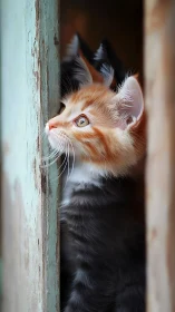 Orange and black kitten peering through weathered wooden gate