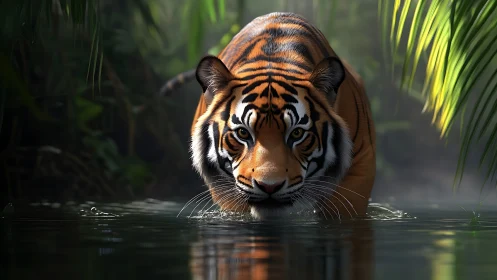 Tiger stalks through misty jungle river in low sunlight.