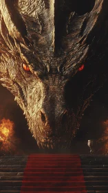 Colossal dragon head looming above fiery stone staircase.