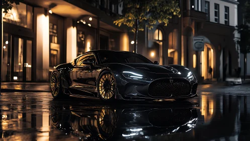 Black sports car reflects on wet city street at night