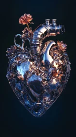 Cybernetic glass heart entwines metallic flowers in bloom.