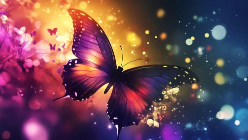 Luminous butterfly glides through a nebula of painted starlight