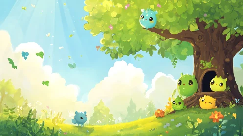 Cartoon forest clearing with round creatures under tree.
