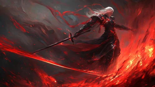 Fire-wreathed dark knight cleaves blazing inferno wave.