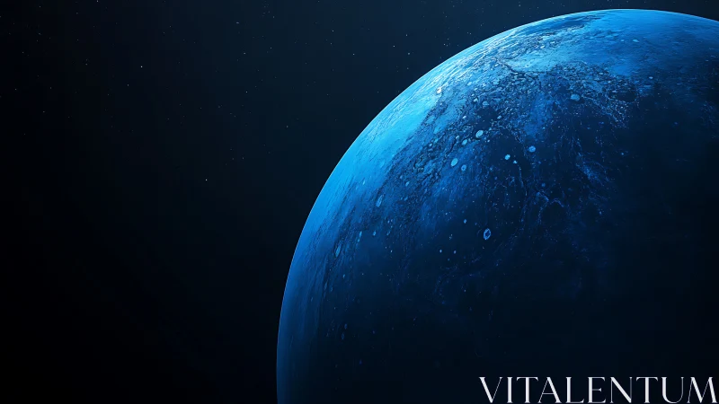 Blue illuminated planet against dark deep space backdrop.