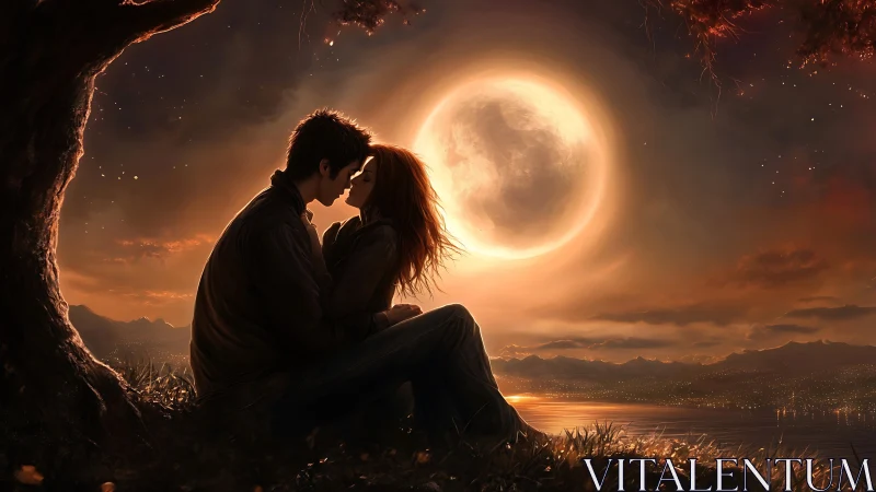 Silhouetted couple beneath large moon with landscape.