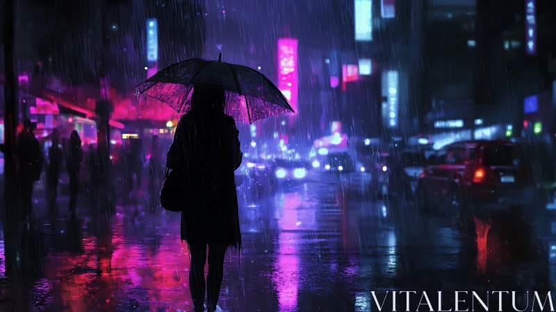 Silhouette under neon umbrella in rain-soaked night city.