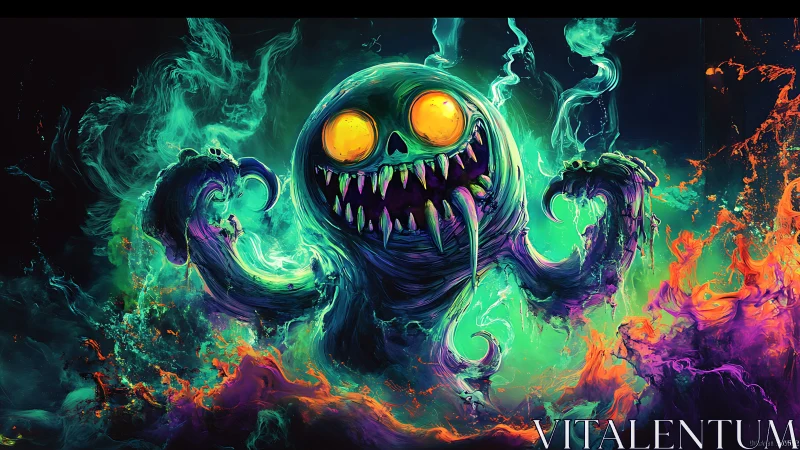 Neon swirl monster grinning through glowing chaos.