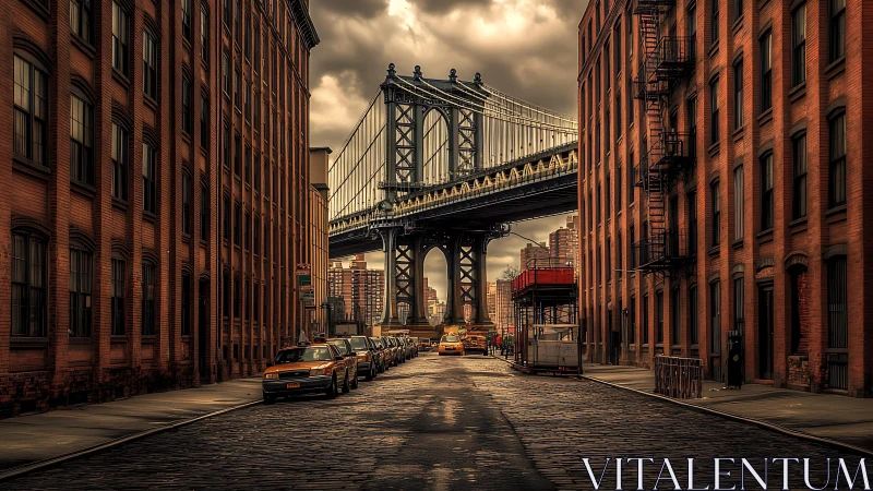 Moody cobblestone street framing a towering city bridge.