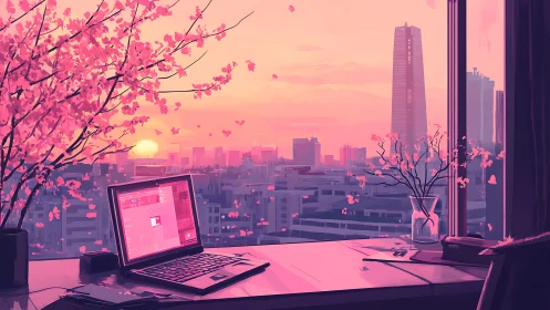 Soft sunset workspace over a cherry blossom city view.
