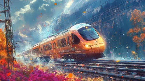 Golden bullet train cuts through vivid autumn mountain pass.