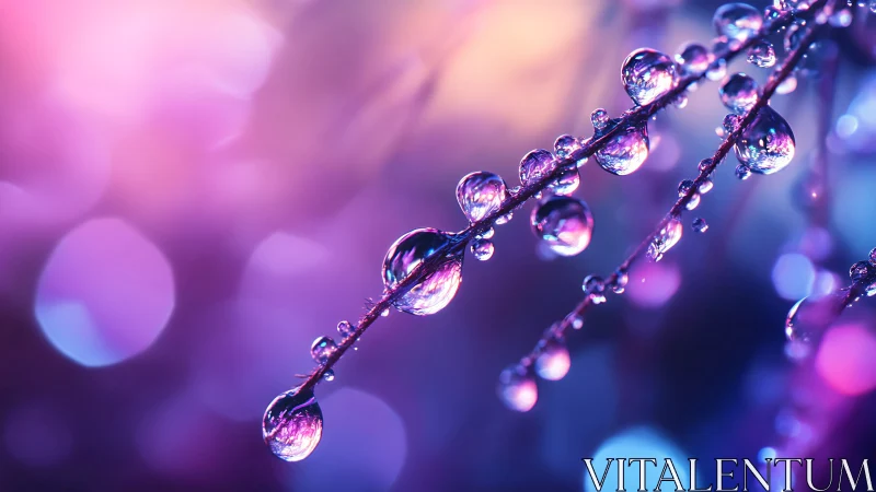 Water droplets on twigs against vivid purple bokeh light.