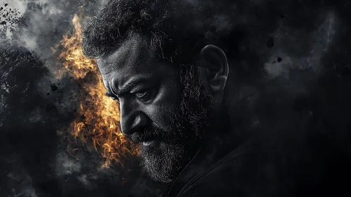 Brooding portrait framed by fire and swirling dark smoke.