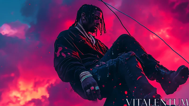 Neon dusk portrait with suspended figure in vivid gradient sky.