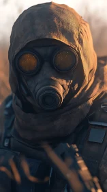 Hooded figure in gas mask stands in warm side lighting