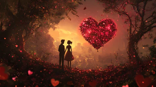 Silhouetted Couple with Glowing Heart Formation in Luminous Forest.