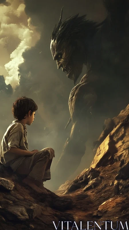 Boy seated on rocky slope facing towering creature.