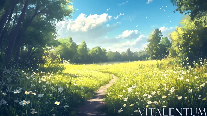 Winding meadow path under high-sun lighting and volumetric clouds